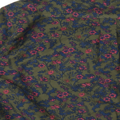 Cotton Traders Mens Green Floral Polyester Button-Up Size M Collared Button