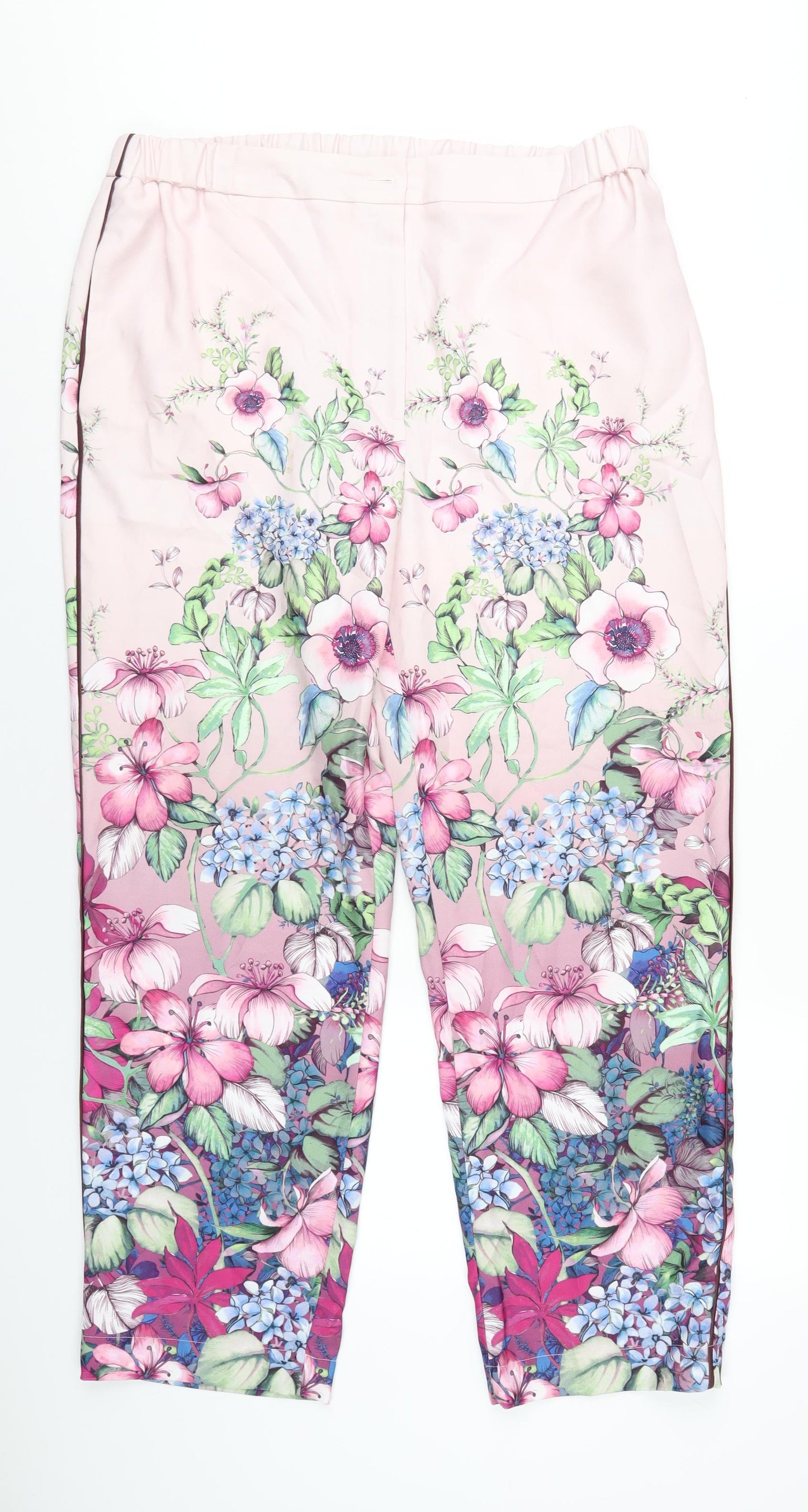 Marks and Spencer Womens Pink Floral Polyester Trousers Size 18 L30 in Regular Zip