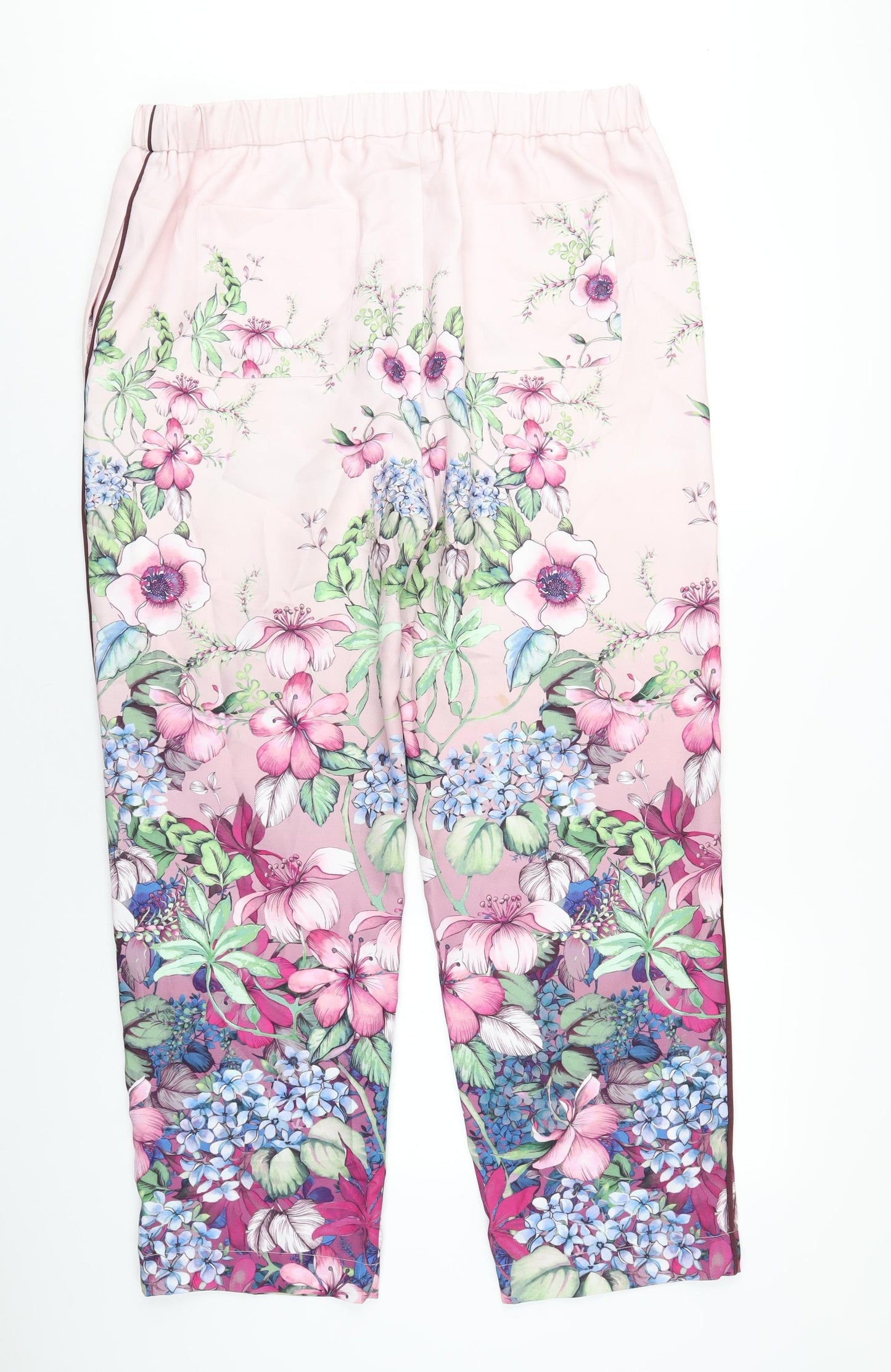 Marks and Spencer Womens Pink Floral Polyester Trousers Size 18 L30 in Regular Zip