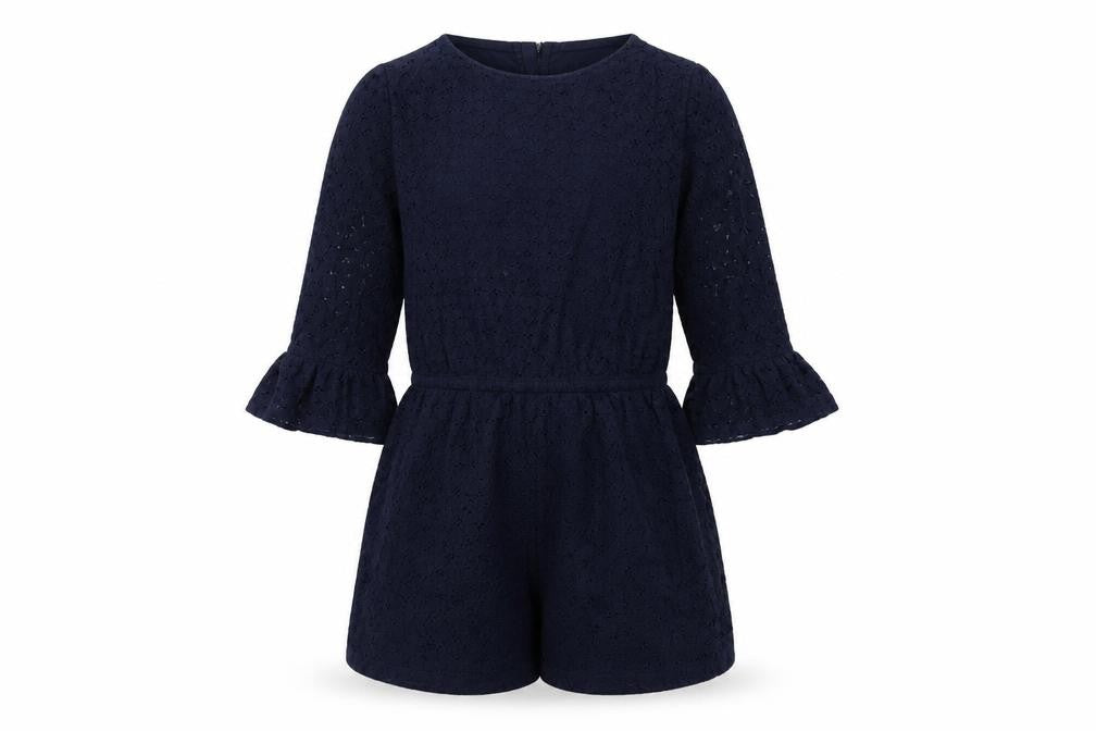 Front view of Gap girls’ blue cotton playsuit one-piece, size M, zip