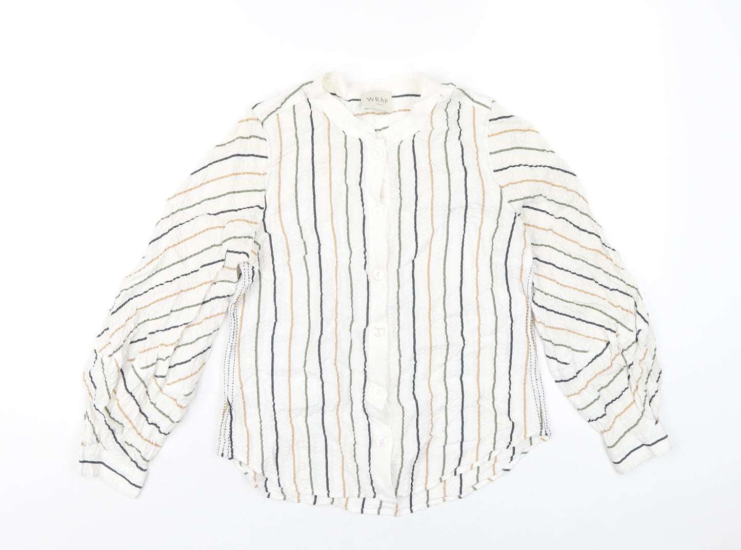 Wrap London Womens White Striped Viscose Basic Button-Up Size 8 Round Neck