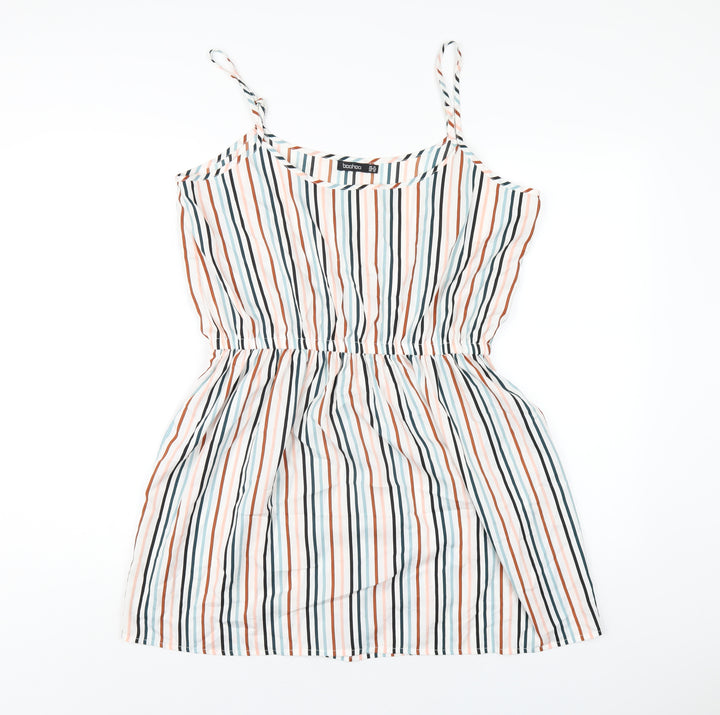 Boohoo Womens White Striped Polyester A-Line Size 14 Scoop Neck Pullover