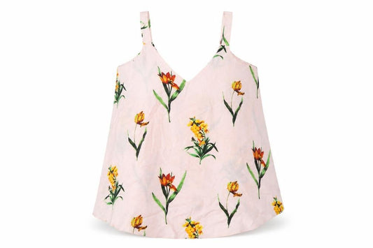 Front view of ASOS women’s pink floral polyester camisole t-shirt, size UK 10, v-neck