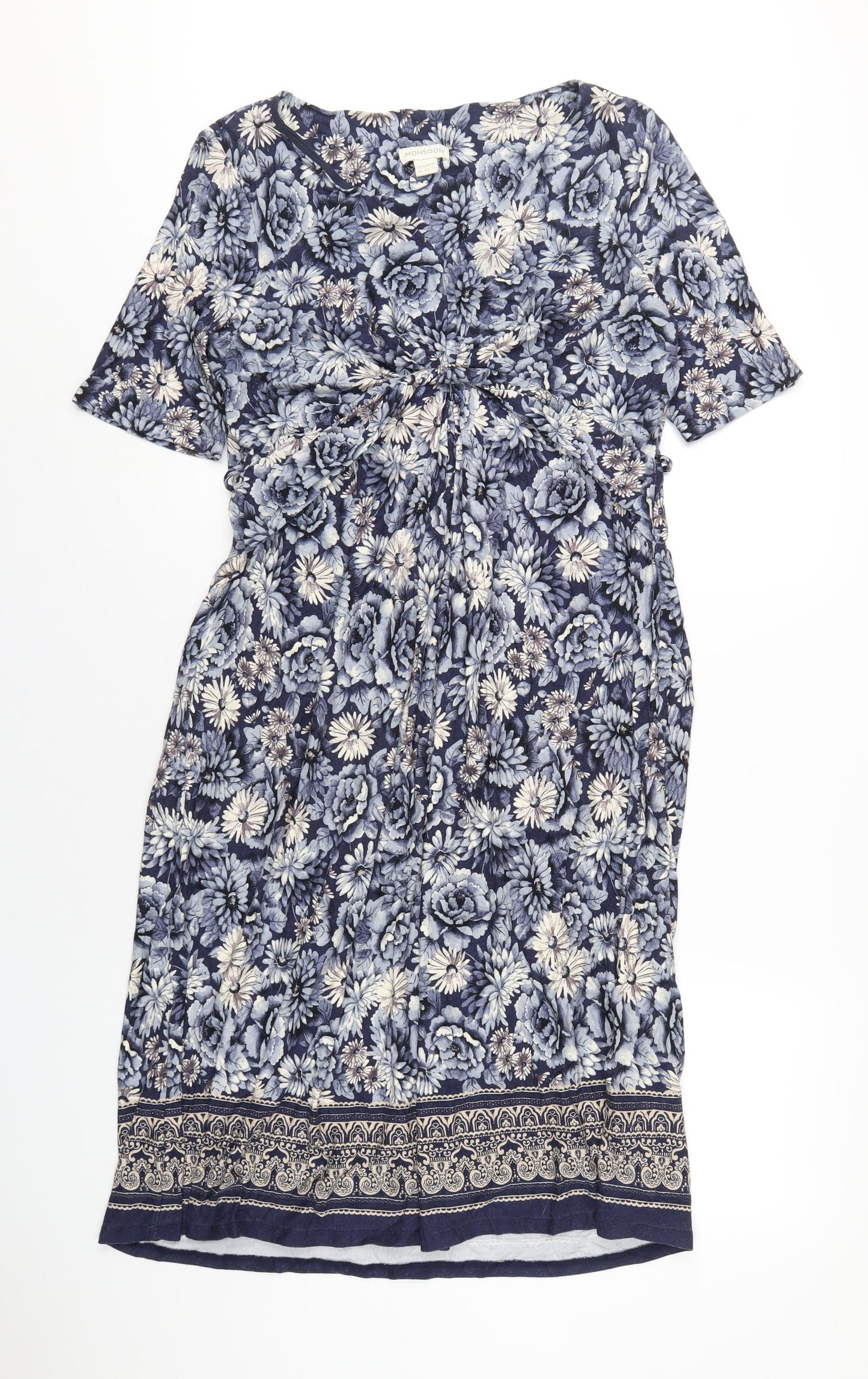 Monsoon Womens Blue Geometric Viscose A-Line Size 16 V-Neck Pullover