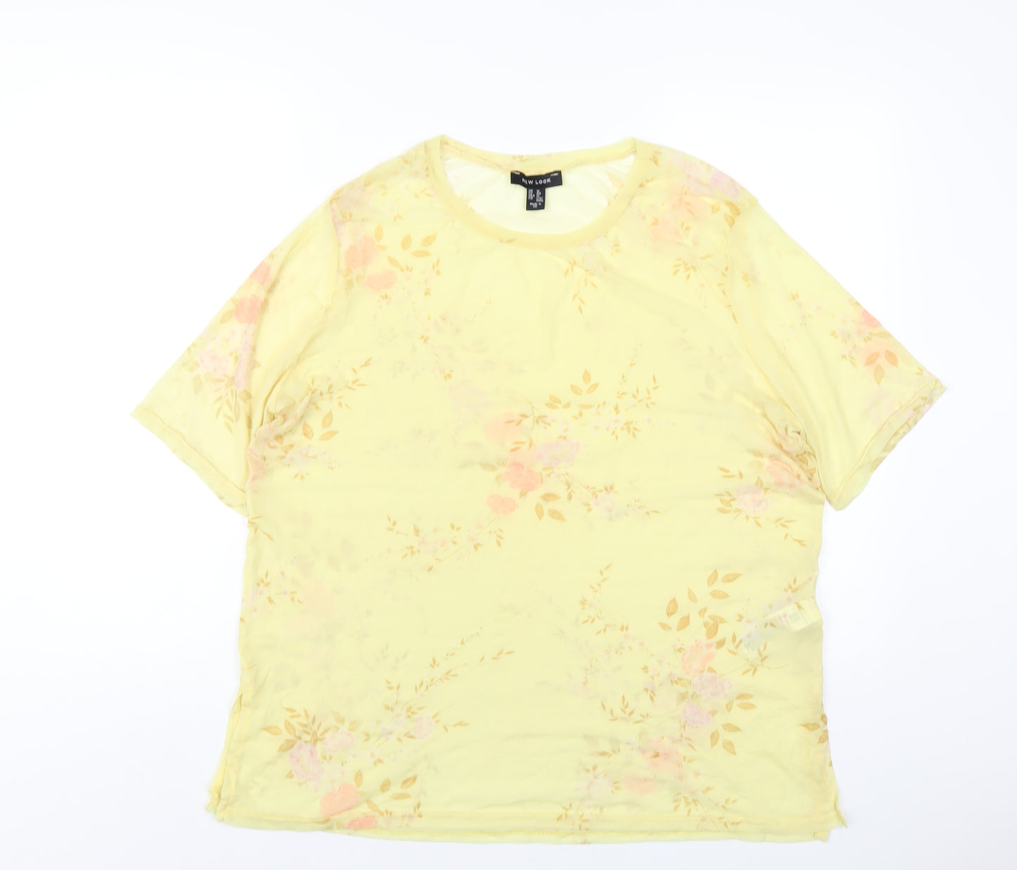 New Look Womens Yellow Floral Nylon Basic T-Shirt Size 16 Round Neck