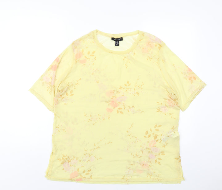 New Look Womens Yellow Floral Nylon Basic T-Shirt Size 16 Round Neck