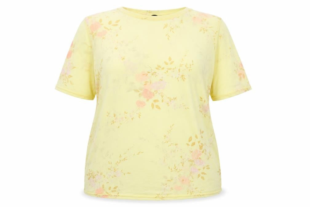 Front view of New Look women’s yellow floral nylon basic t-shirt, size UK 16, round neck