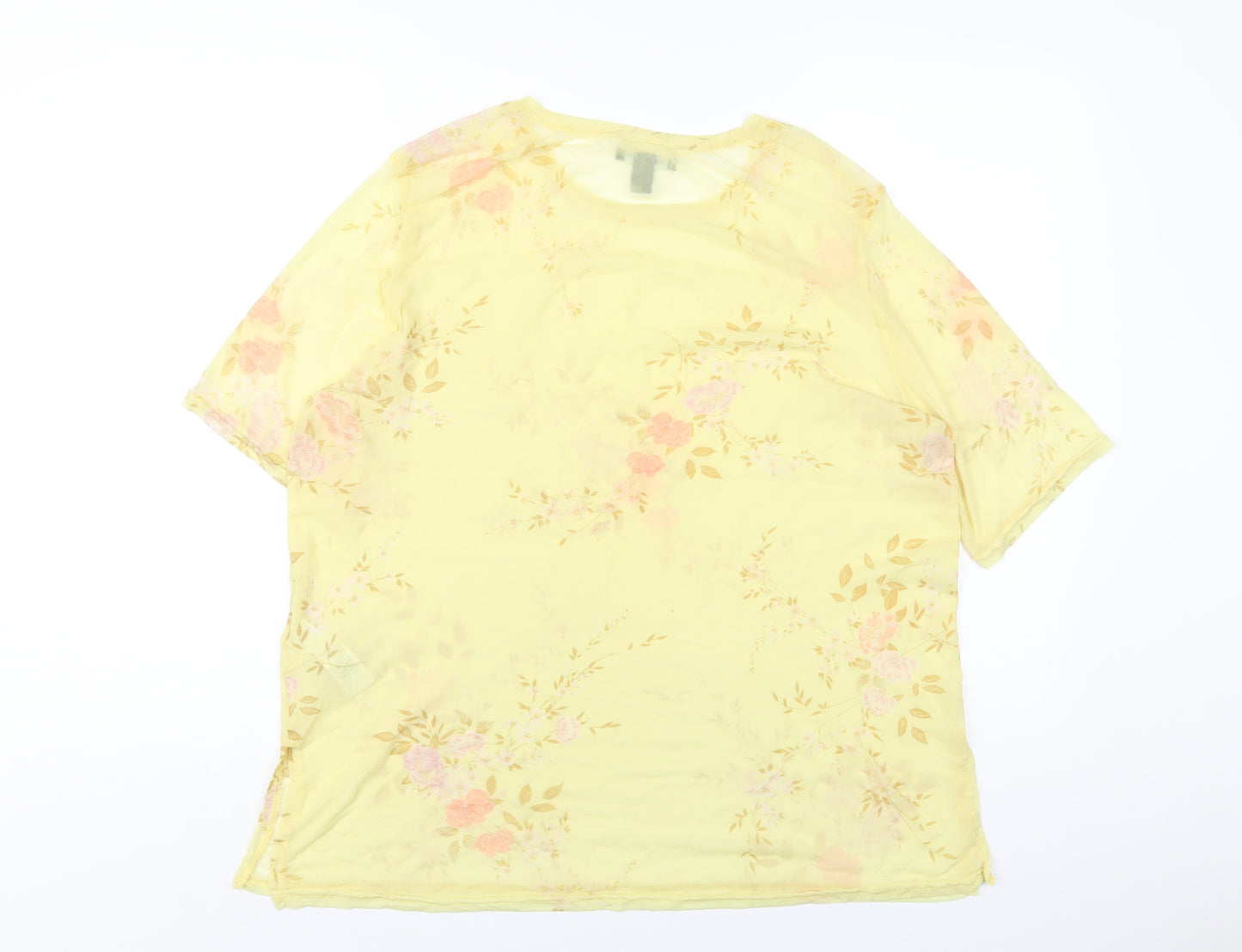 New Look Womens Yellow Floral Nylon Basic T-Shirt Size 16 Round Neck