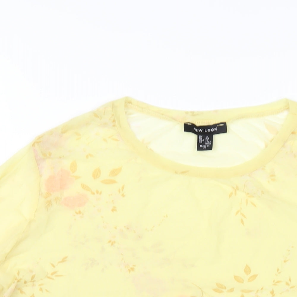 New Look Womens Yellow Floral Nylon Basic T-Shirt Size 16 Round Neck