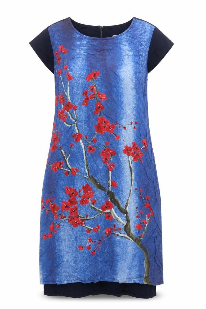 Front view of Thought women’s blue floral lyocell a-line, size UK 10, round neck zip