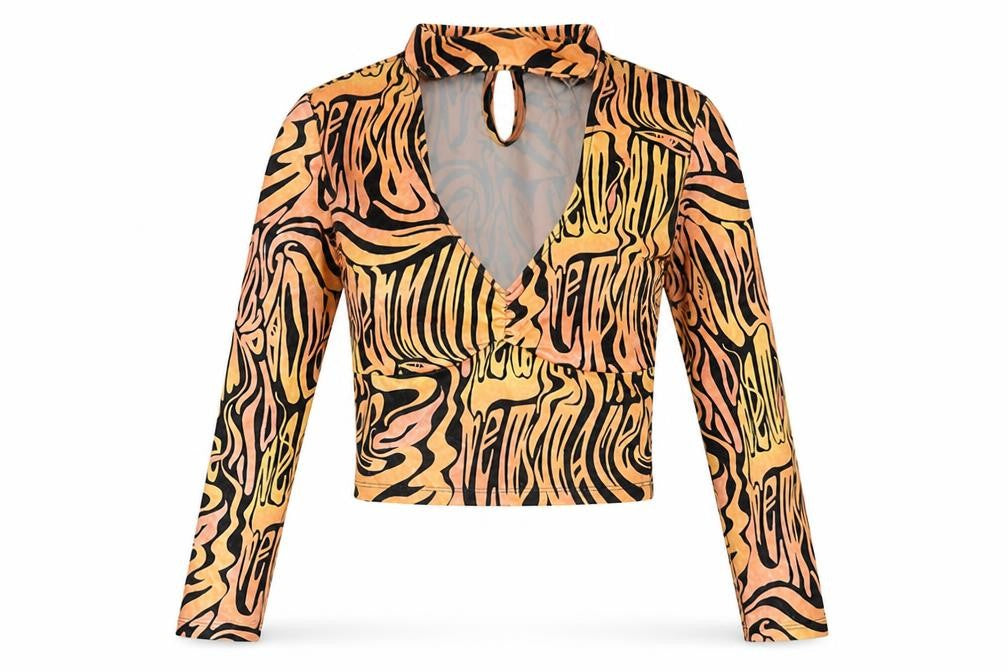 Front view of Bershka women’s orange geometric polyester basic t-shirt, size S, v-neck