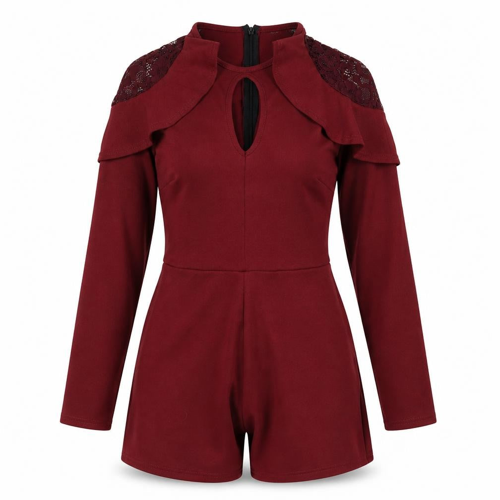 Front view of Boohoo women’s red polyester playsuit one-piece, size UK 10, zip