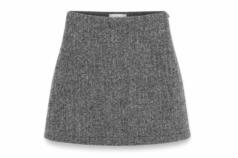 Front view of Stunning women’s grey herringbone polyester a-line skirt, size S, zip