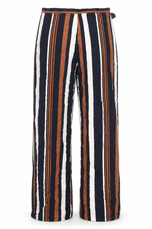 Front view of Topshop women’s multicoloured striped viscose trousers, size UK 12, 31-inch leg regular zip