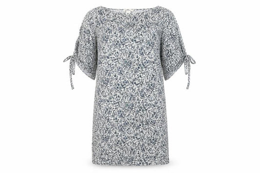 Front view of H&M women’s blue floral viscose slip dress, size UK 8, round neck pullover
