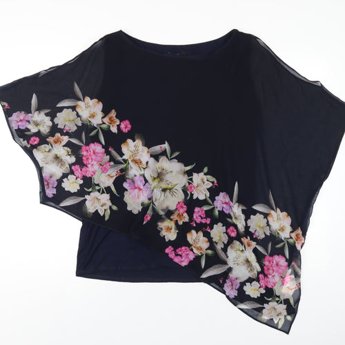 Wallis Womens Blue Floral Polyester Basic T-Shirt Size M Round Neck