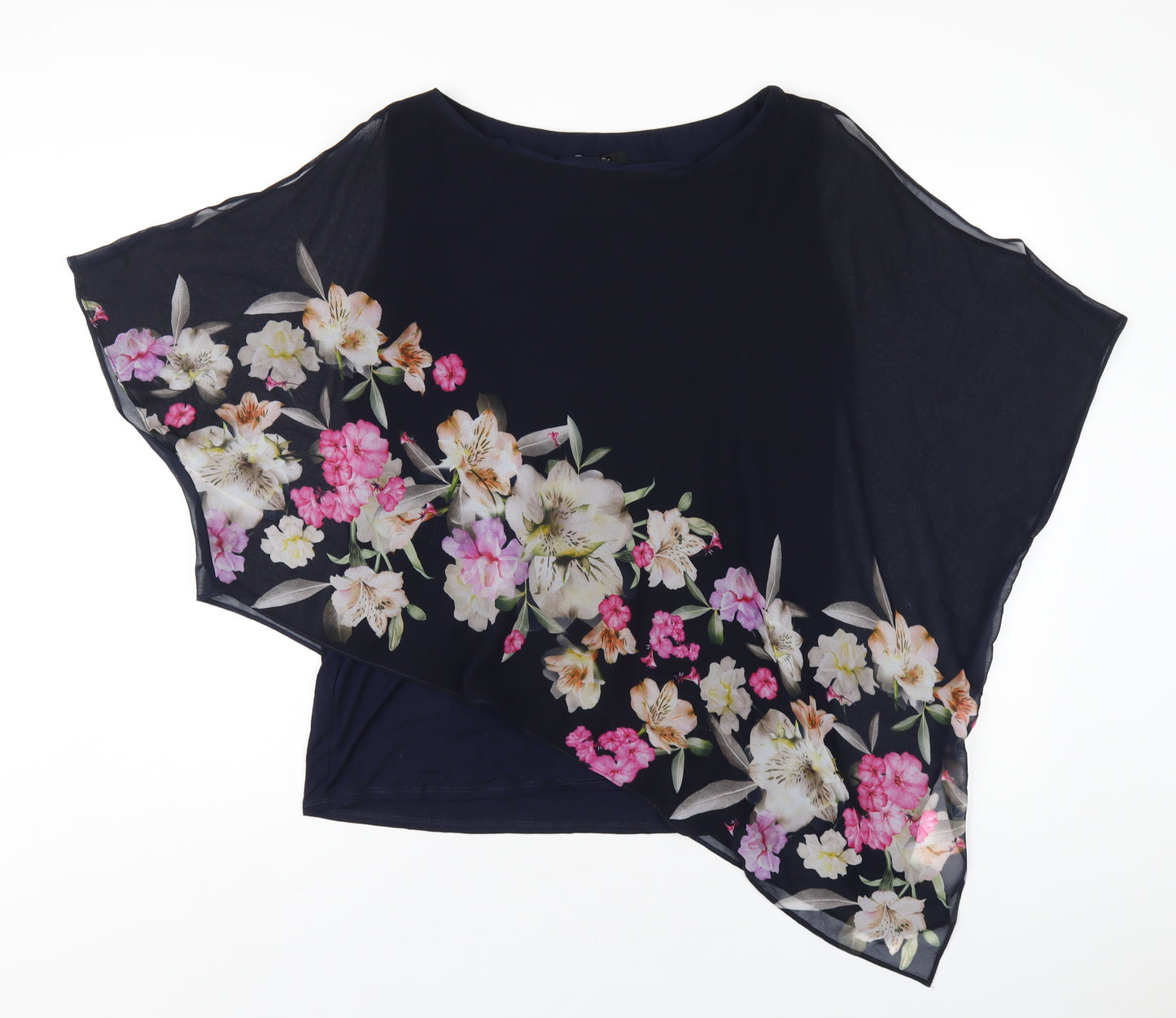 Wallis Womens Blue Floral Polyester Basic T-Shirt Size M Round Neck