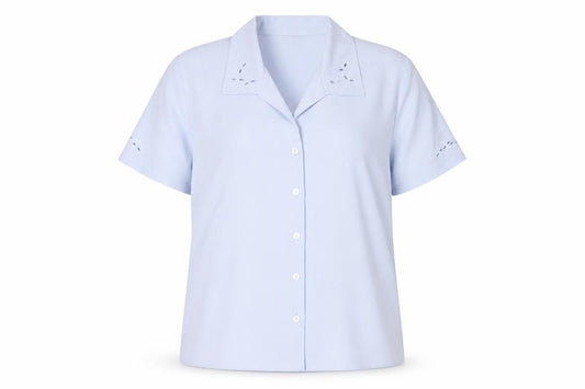 Front view of EWM women’s blue polyester basic button-up, size UK 16, collared