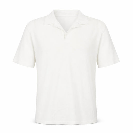 Front view of Boohoo men’s white polyester polo, size L, collared pullover
