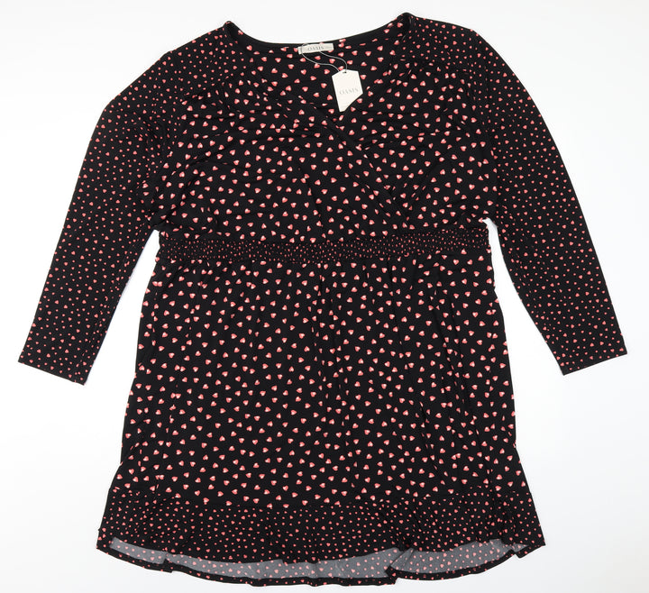 Oasis Womens Black Geometric Polyester A-Line Size 3XL V-Neck Pullover