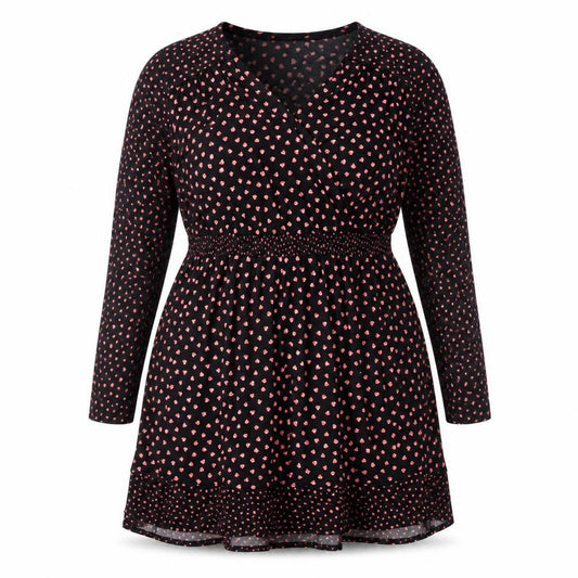 Front view of Oasis women’s black geometric polyester a-line, size 3XL, v-neck pullover