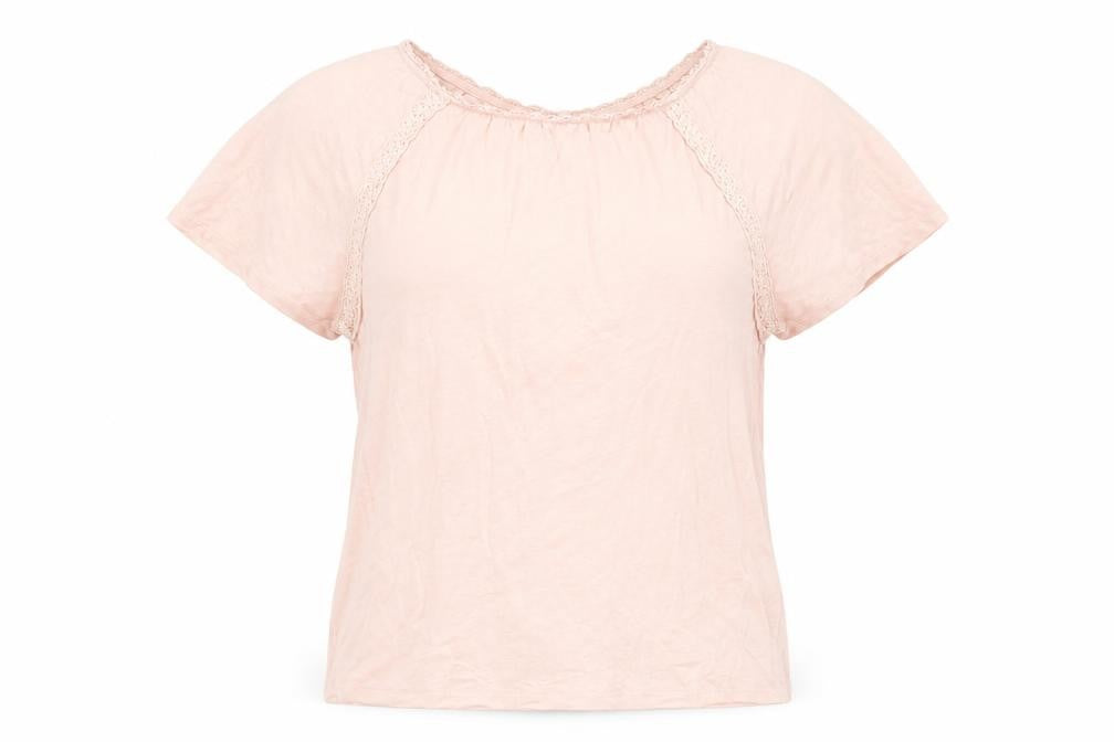 Front view of Marks & Spencer women’s pink linen basic t-shirt, size UK 6, round neck