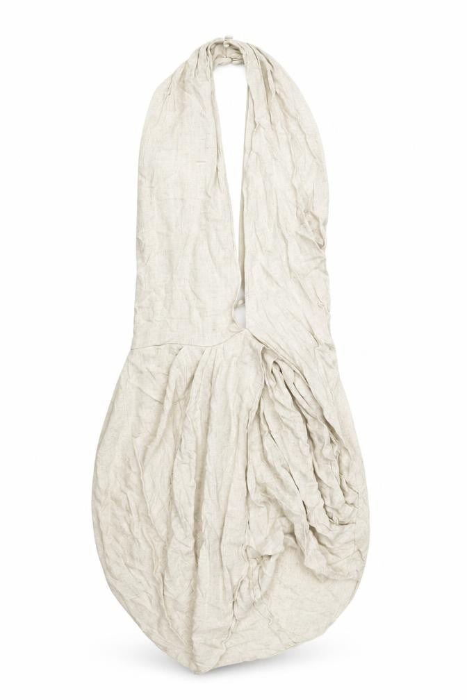 Front view of ASOS women’s beige viscose mini, size UK 10, halter zip