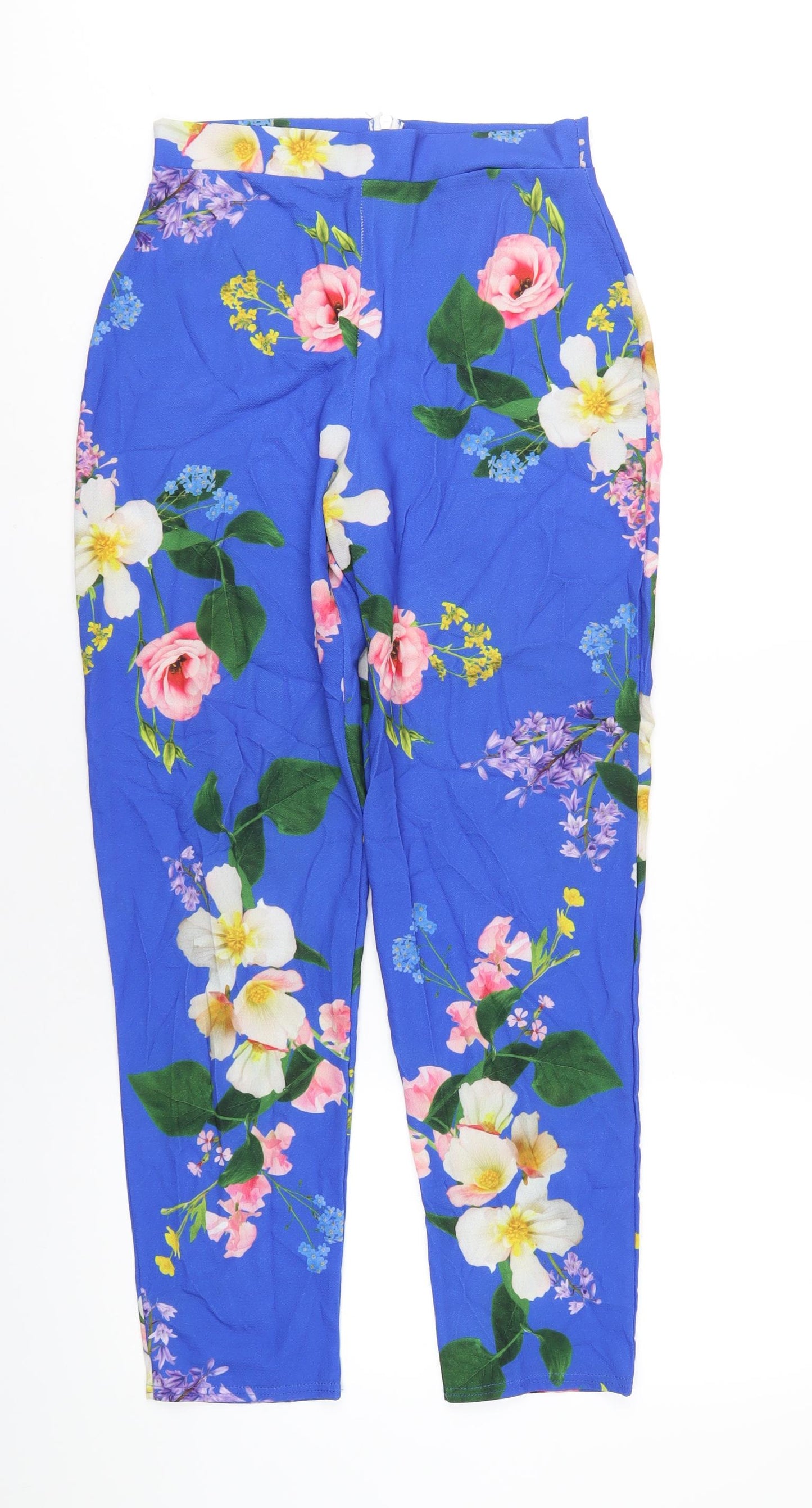 Boohoo Womens Blue Floral Polyester Trousers Size 8 L29 in Regular Zip