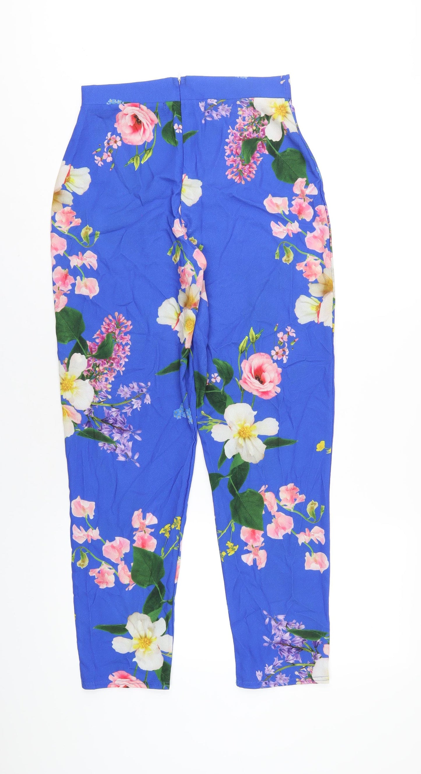 Boohoo Womens Blue Floral Polyester Trousers Size 8 L29 in Regular Zip