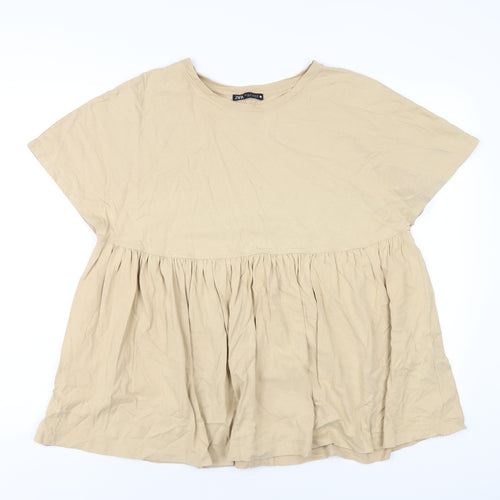 Zara Womens Beige Cotton Basic T-Shirt Size M Round Neck