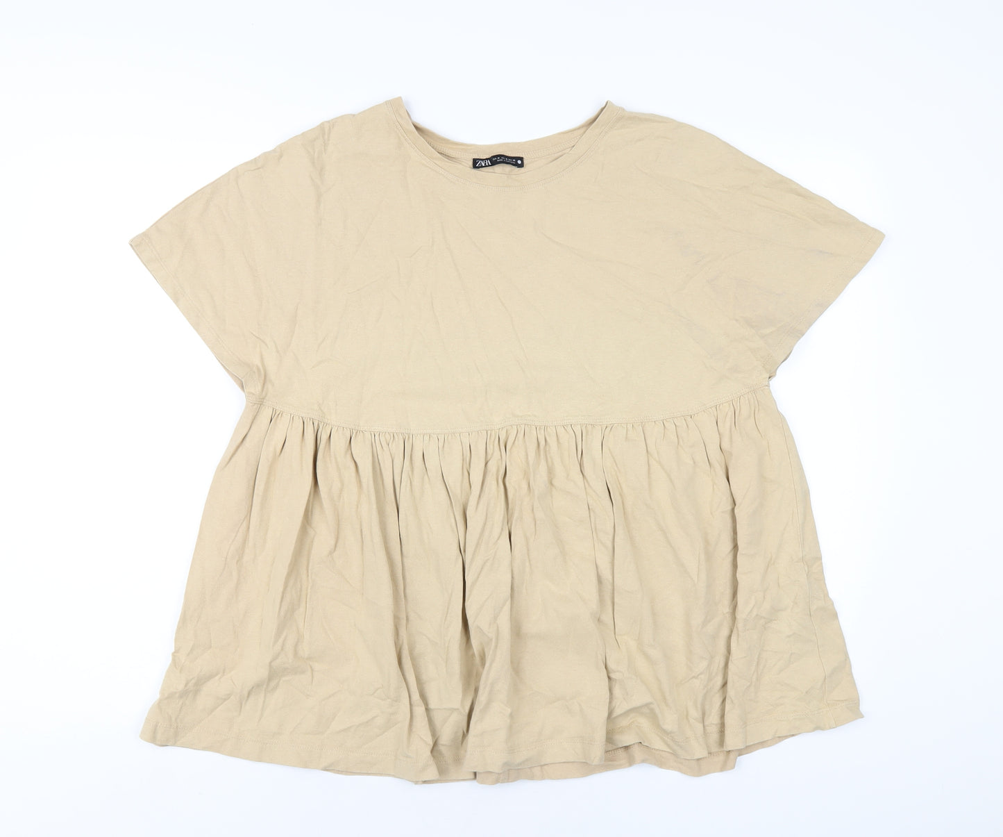 Zara Womens Beige Cotton Basic T-Shirt Size M Round Neck