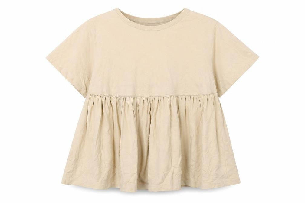 Front view of Zara women’s beige cotton basic t-shirt, size M, round neck