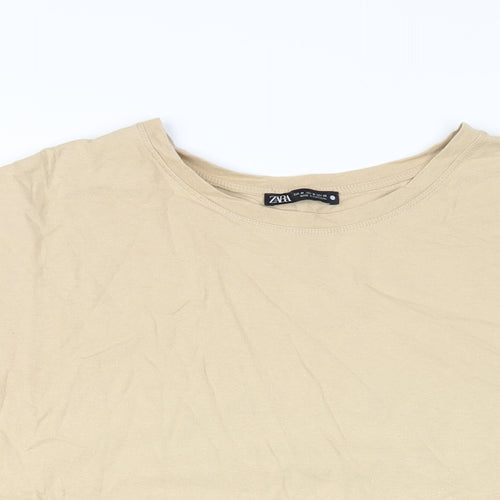 Zara Womens Beige Cotton Basic T-Shirt Size M Round Neck