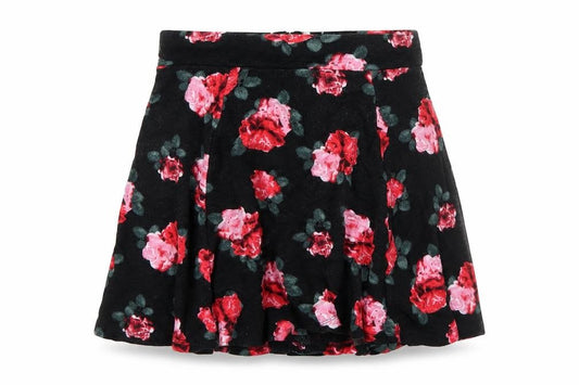 Front view of H&M women’s black floral viscose skater skirt, size XS, zip