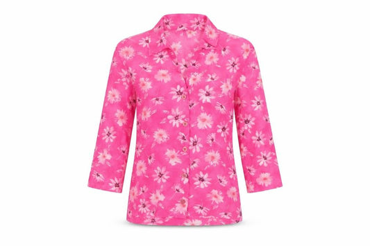 Front view of Kookai women’s pink floral polyester basic button-up, size S, collared