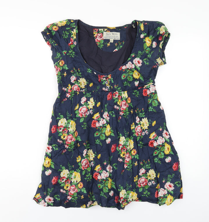 Jack Wills Womens Blue Floral Cotton A-Line Size 8 Scoop Neck Pullover