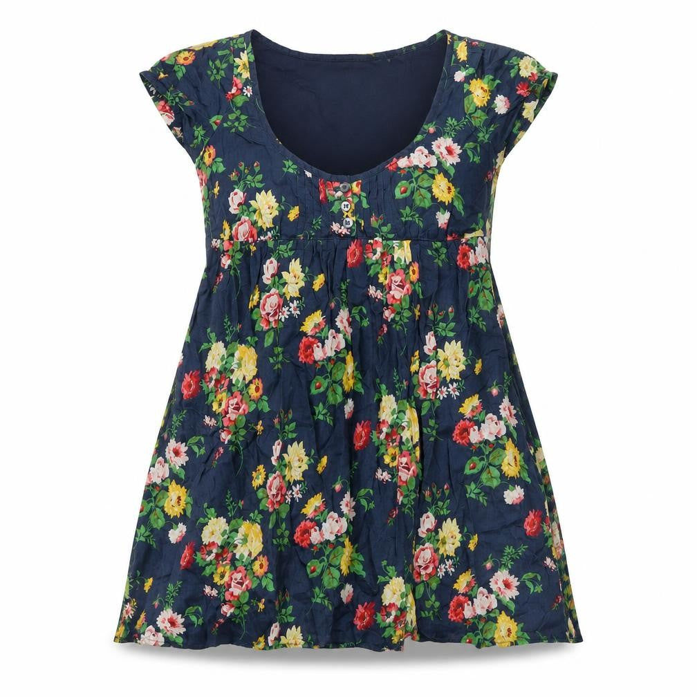 Front view of Jack Wills women’s blue floral cotton a-line, size UK 8, scoop neck pullover