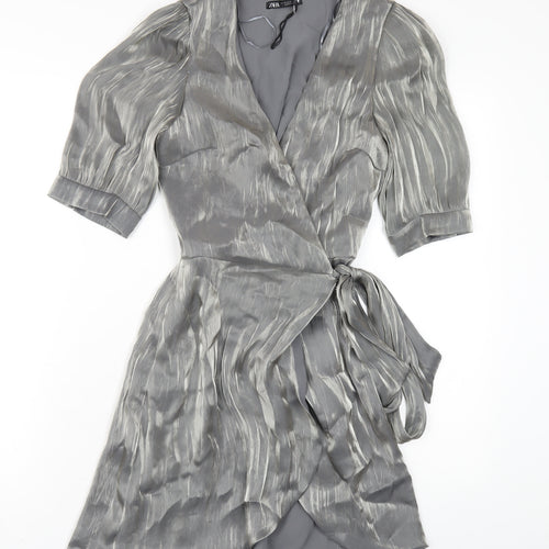 Zara Womens Silver Polyester Wrap Dress Size XS V-Neck Tie