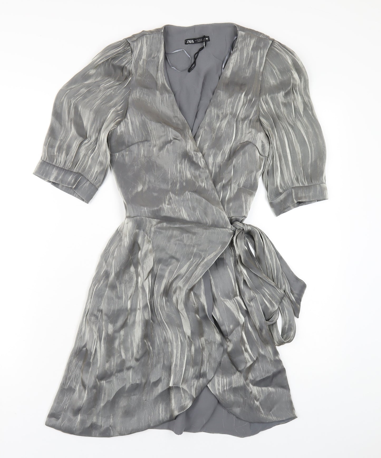 Zara Womens Silver Polyester Wrap Dress Size XS V-Neck Tie