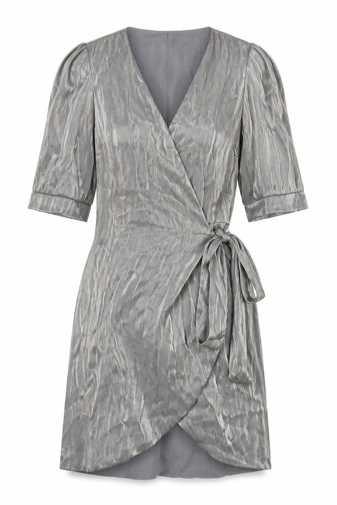 Front view of Zara women’s silver polyester wrap dress, size XS, v-neck tie