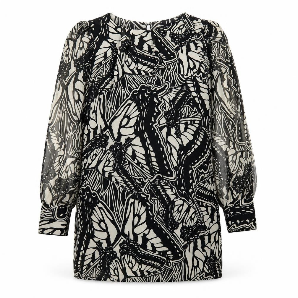 Front view of Dorothy Perkins women’s black geometric polyester a-line, size UK 10, round neck button