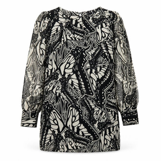 Front view of Dorothy Perkins women’s black geometric polyester a-line, size UK 10, round neck button