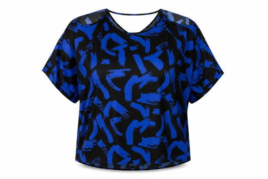 Front view of Capsule women’s blue geometric polyester basic t-shirt, size UK 24, round neck
