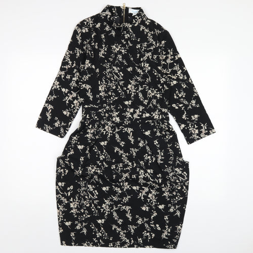 Blue Vanilla Womens Black Floral Polyester A-Line Size 10 Mock Neck Zip