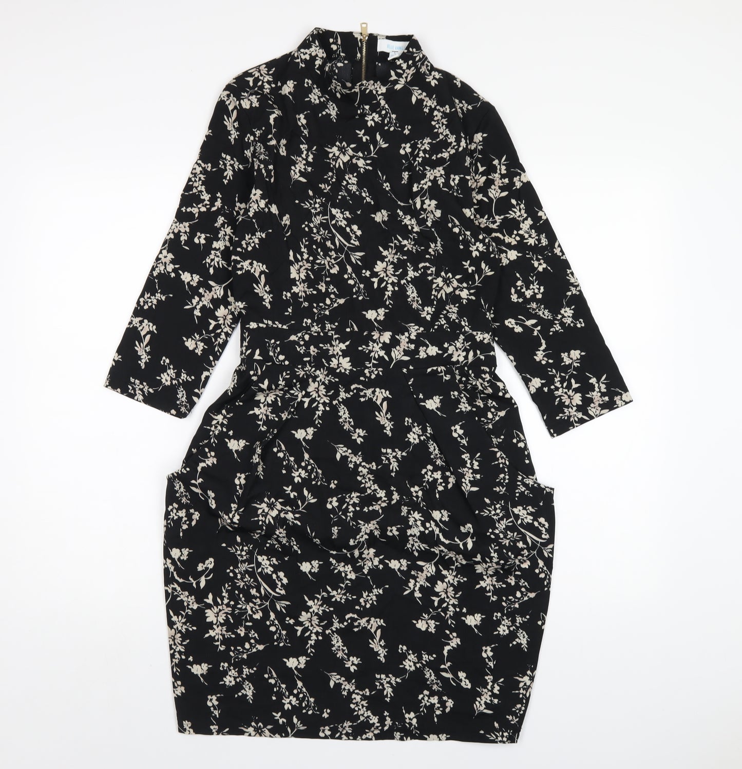 Blue Vanilla Womens Black Floral Polyester A-Line Size 10 Mock Neck Zip
