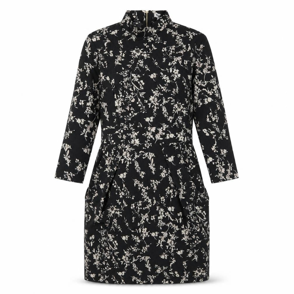 Front view of Blue Vanilla women’s black floral polyester a-line, size UK 10, mock neck zip
