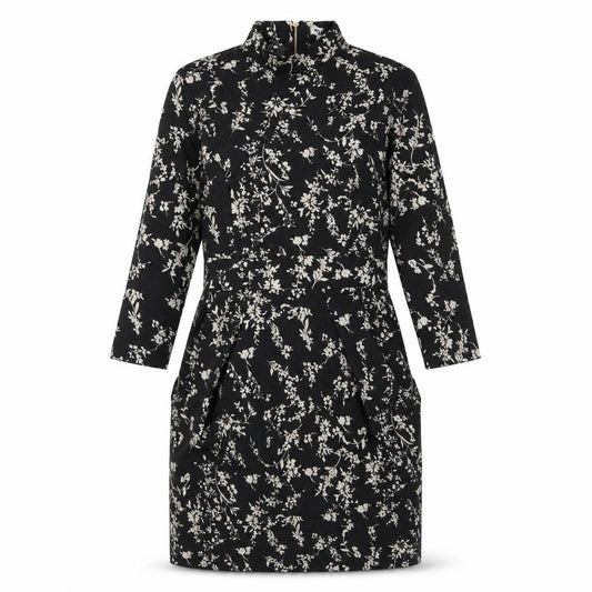 Front view of Blue Vanilla women’s black floral polyester a-line, size UK 10, mock neck zip