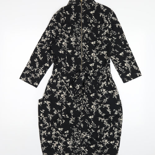 Blue Vanilla Womens Black Floral Polyester A-Line Size 10 Mock Neck Zip