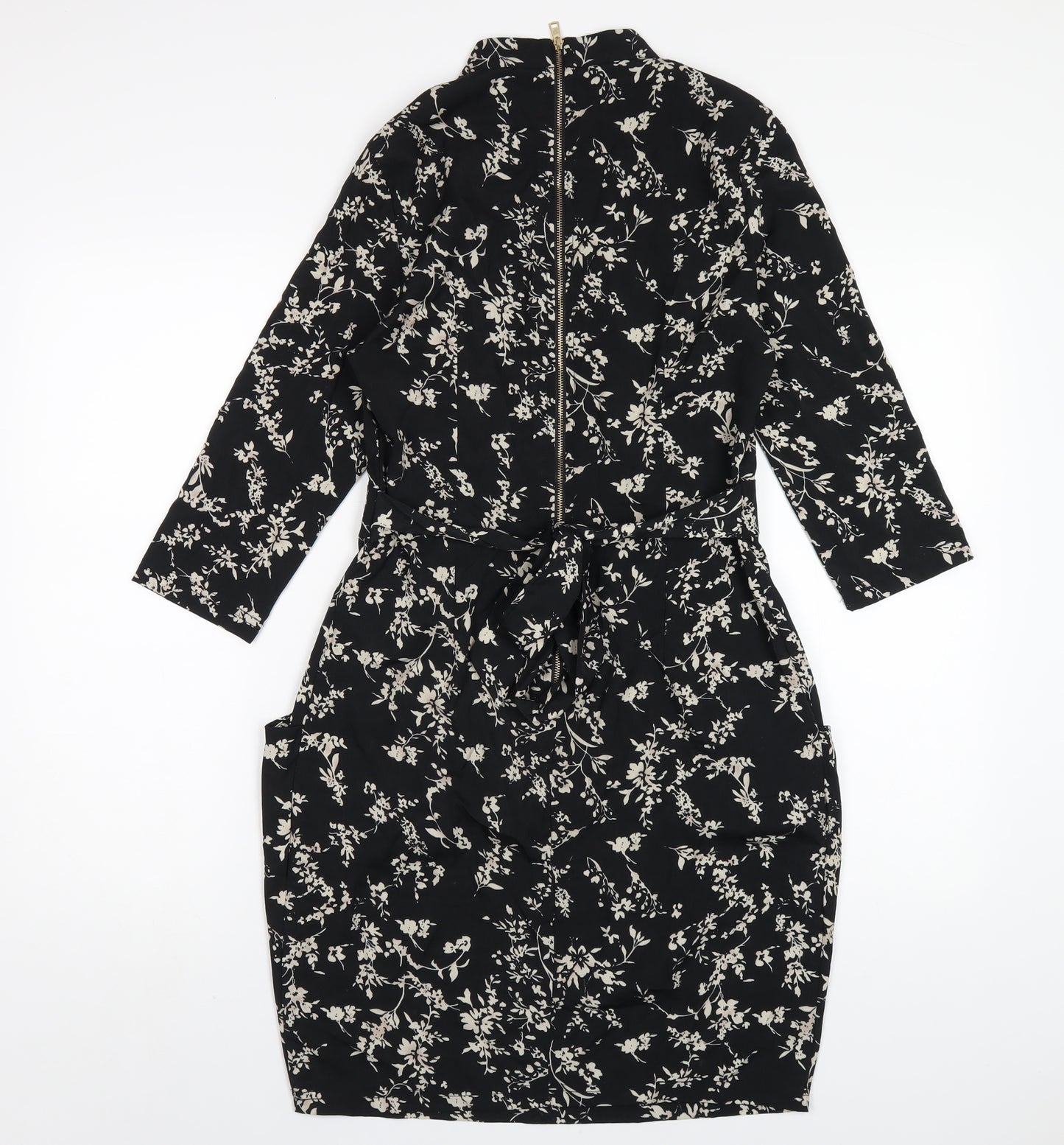 Blue Vanilla Womens Black Floral Polyester A-Line Size 10 Mock Neck Zip