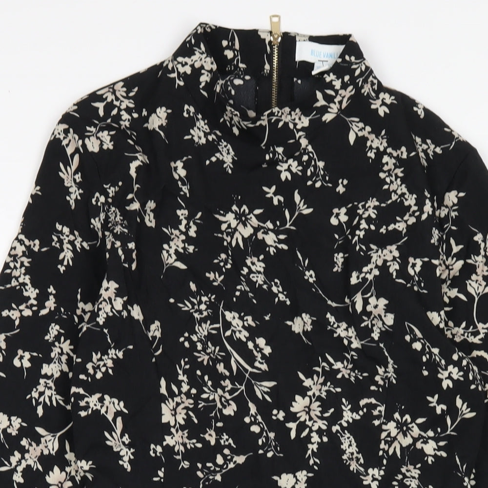 Blue Vanilla Womens Black Floral Polyester A-Line Size 10 Mock Neck Zip
